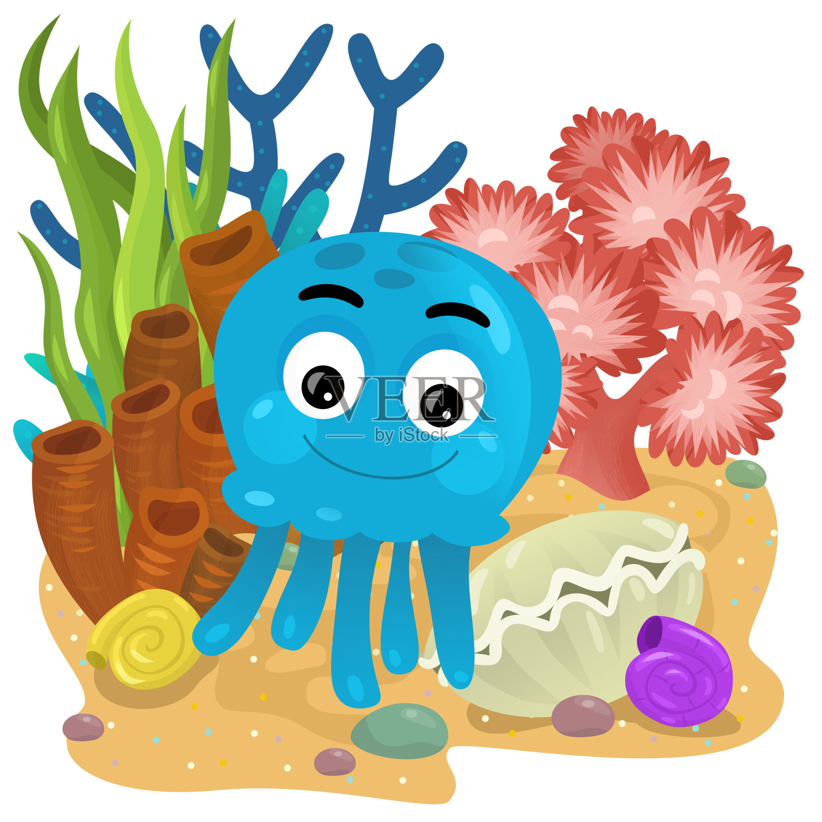 卡通场景与珊瑚礁与游泳章鱼或吉利鱼孤立元素插图的孩子插画图片素材