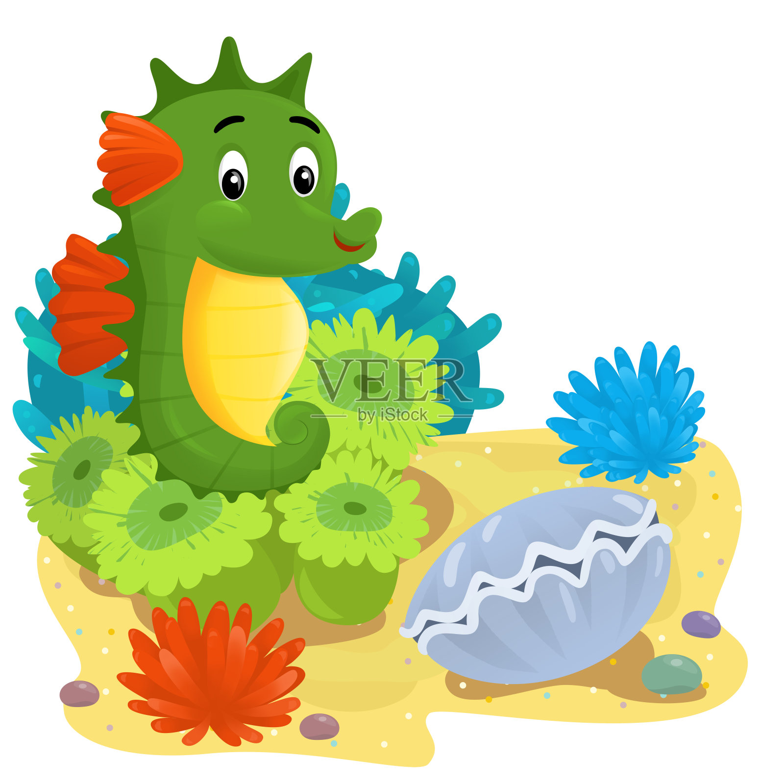 卡通场景与珊瑚礁游泳快乐鱼孤立元素插图的孩子插画图片素材