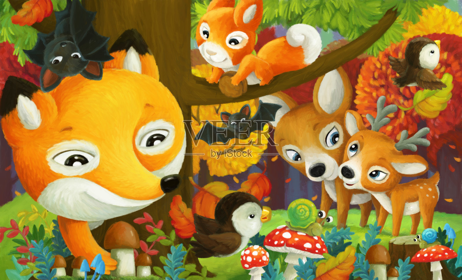 卡通有趣的场景森林动物朋友在一起插画图片素材