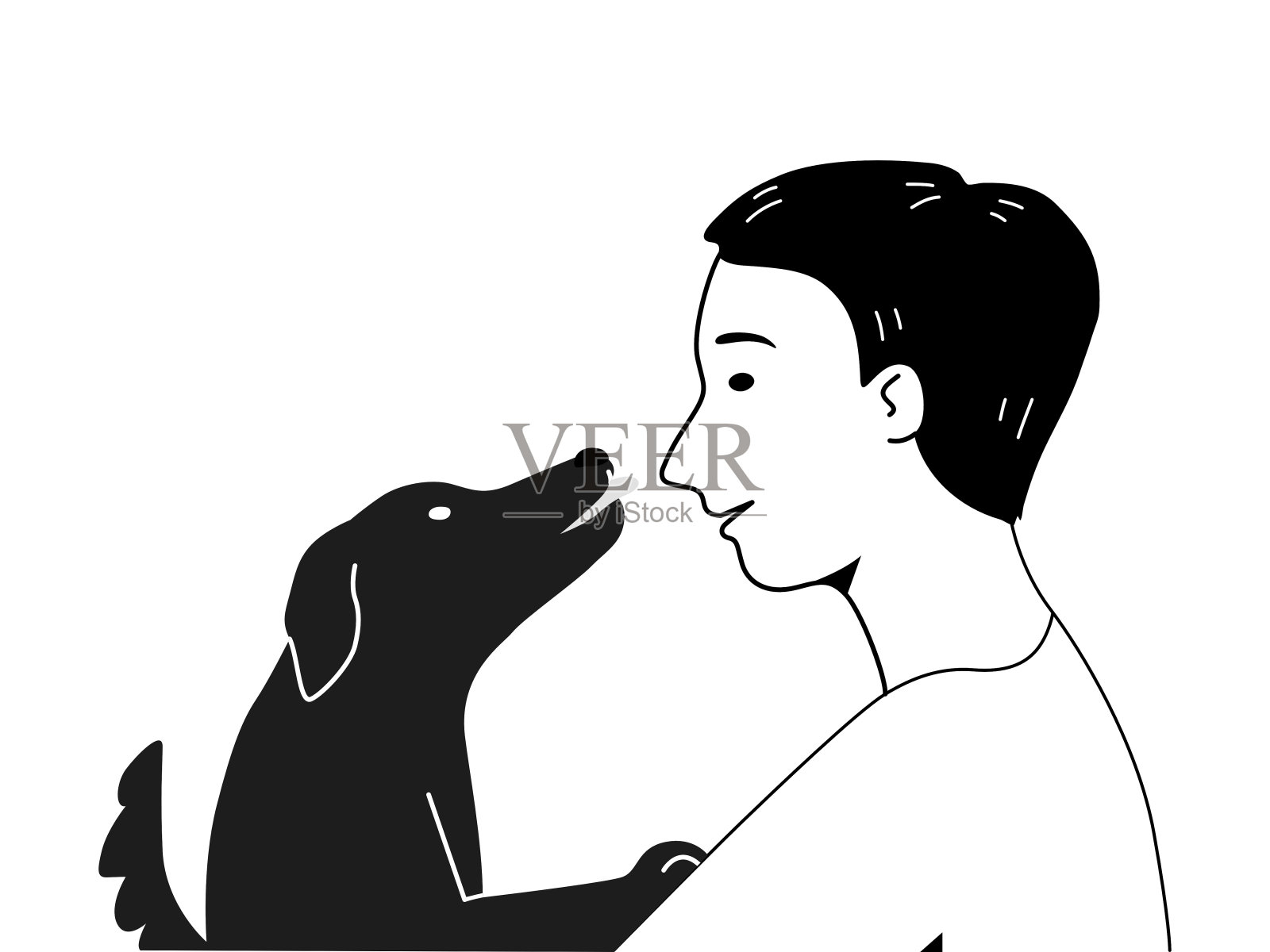 一个男孩和亲吻的狗，大纲漫画。插画图片素材