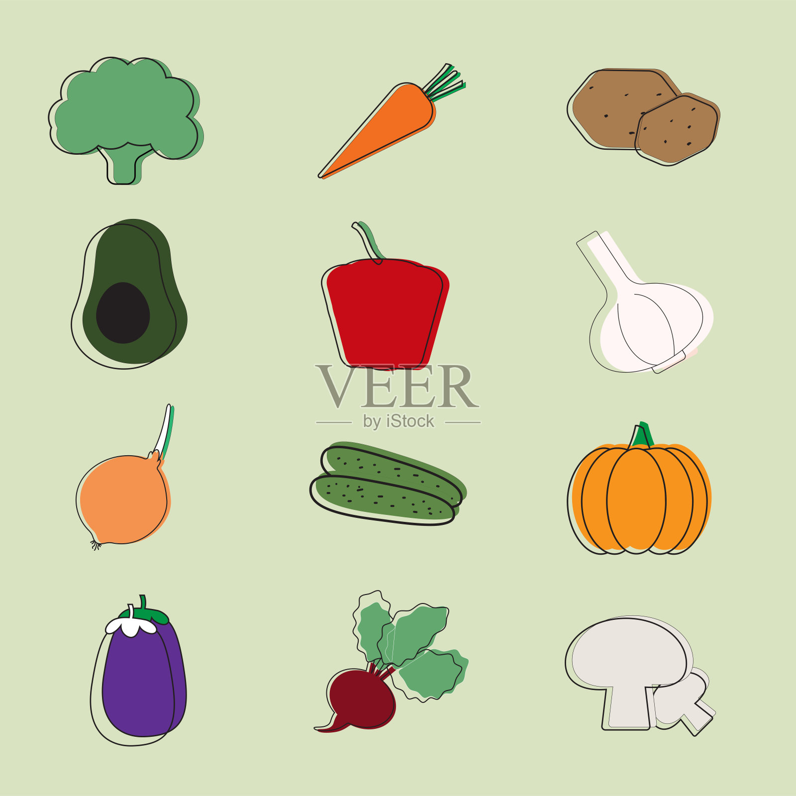 一组健康的蔬菜在浅绿色的背景。矢量插图。健康饮食的食品概念。插画图片素材