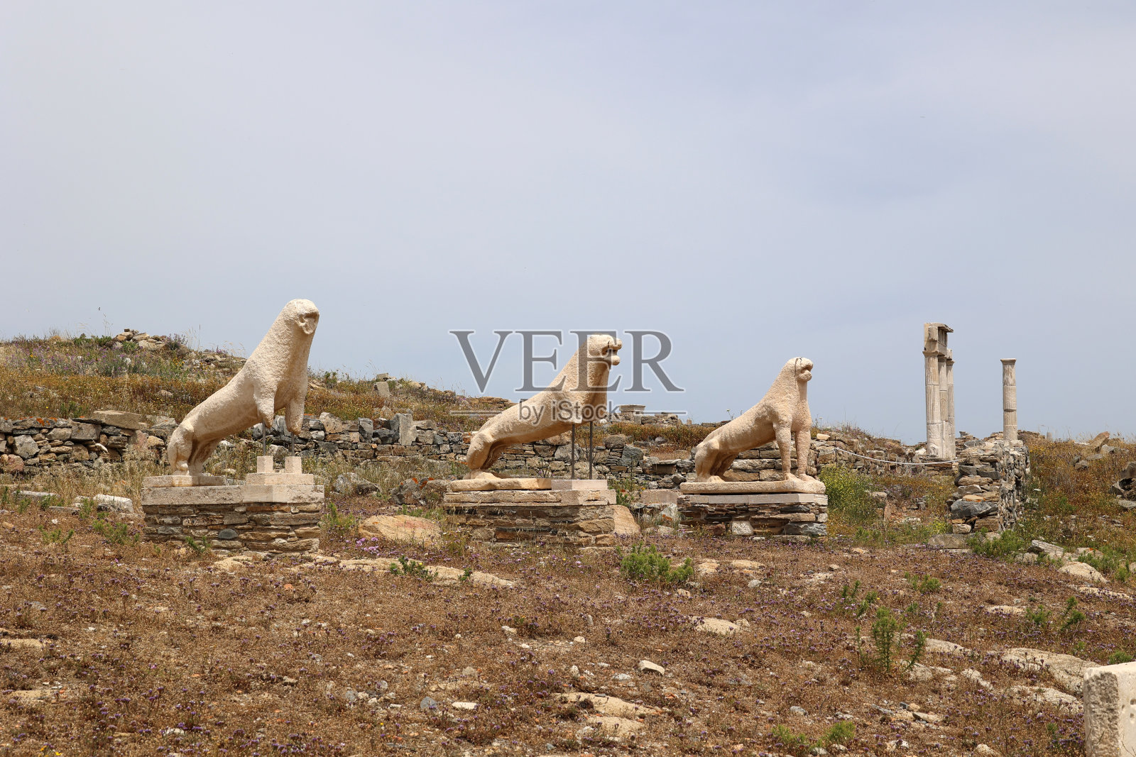希腊德罗斯岛基克拉迪岛上的狮子平台上的狮子雕像照片摄影图片