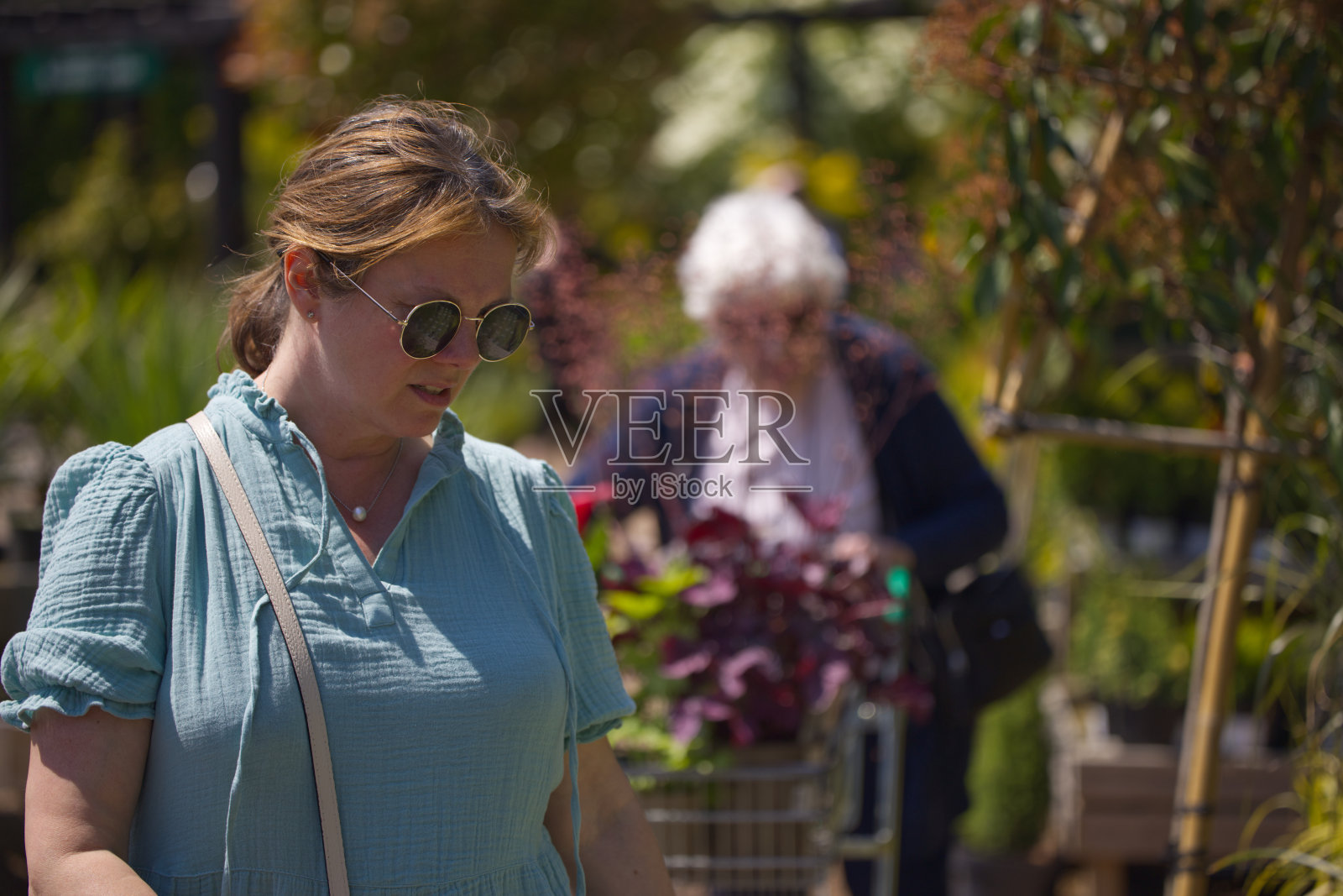 与一位年长的亲戚在花园中心散步，购买植物。照片摄影图片