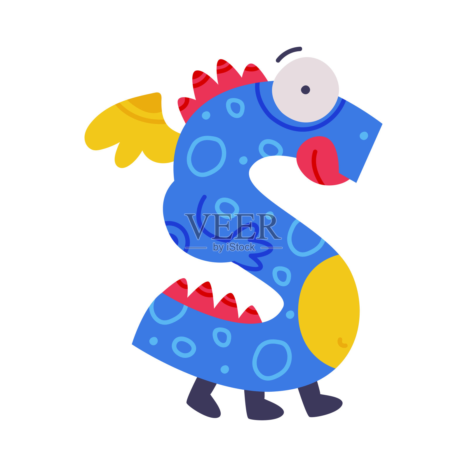 怪物字母表与蓝色大写字母S与鼓鼓囊囊的眼睛和翅膀矢量插图插画图片素材