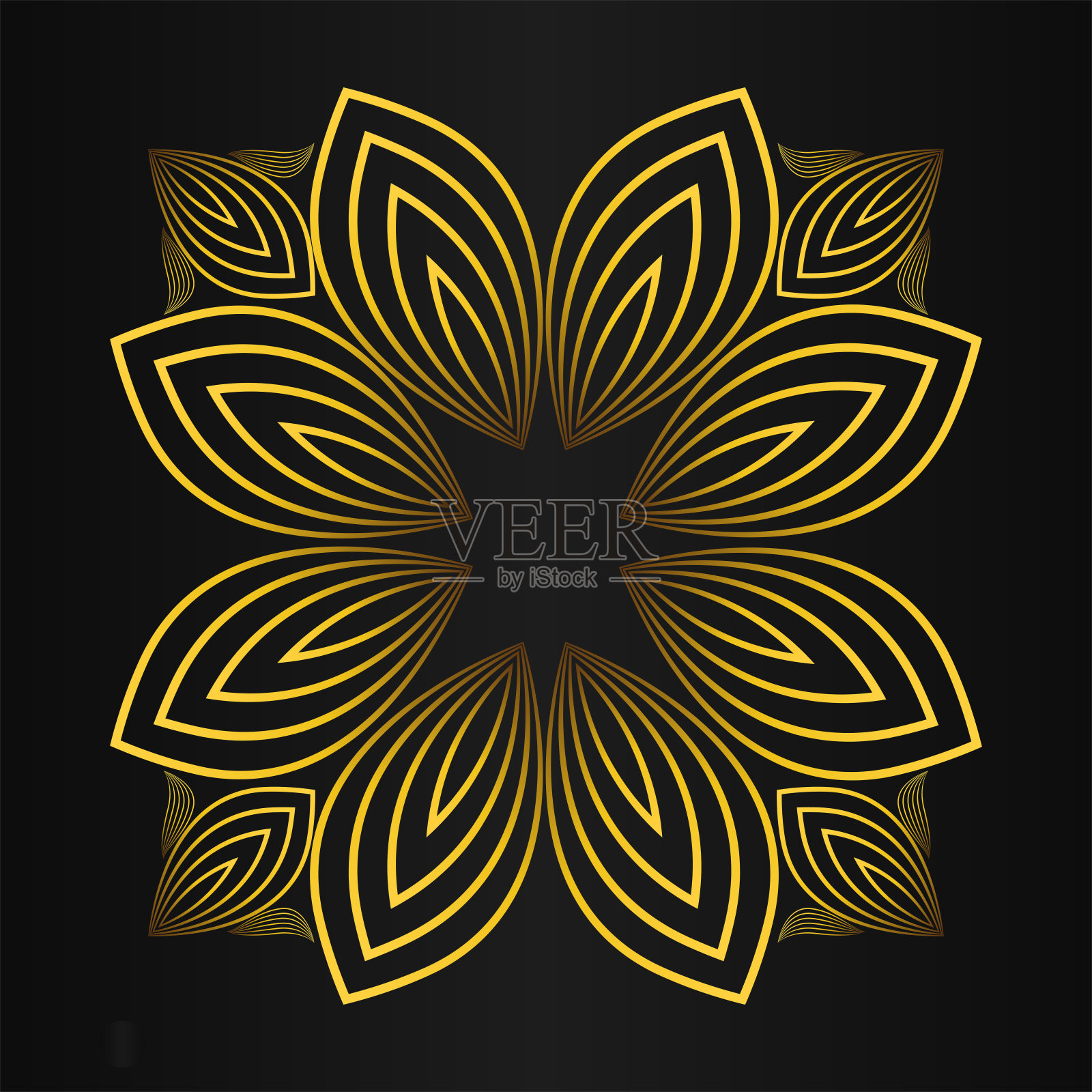 抽象的金色花朵装饰在黑色的背景。插画图片素材