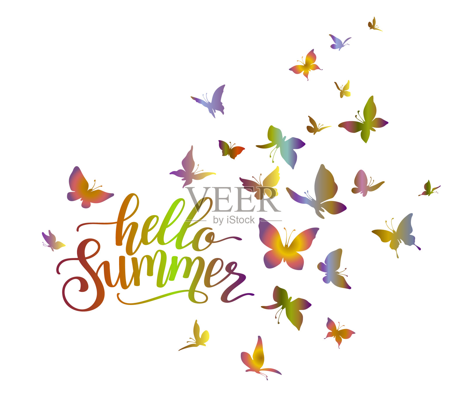 彩色的蝴蝶群与字母短语你好，夏天。标志设计模板。插画图片素材
