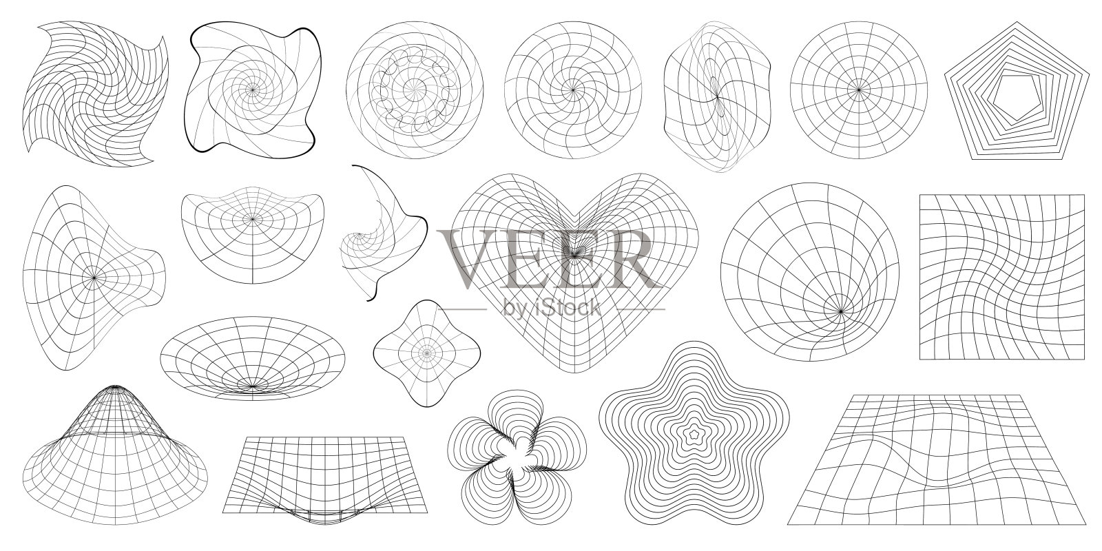 Y2K复古未来美学集。抽象三维线框形状，透视网格和心脏。超现实的黑线几何图形。插画图片素材