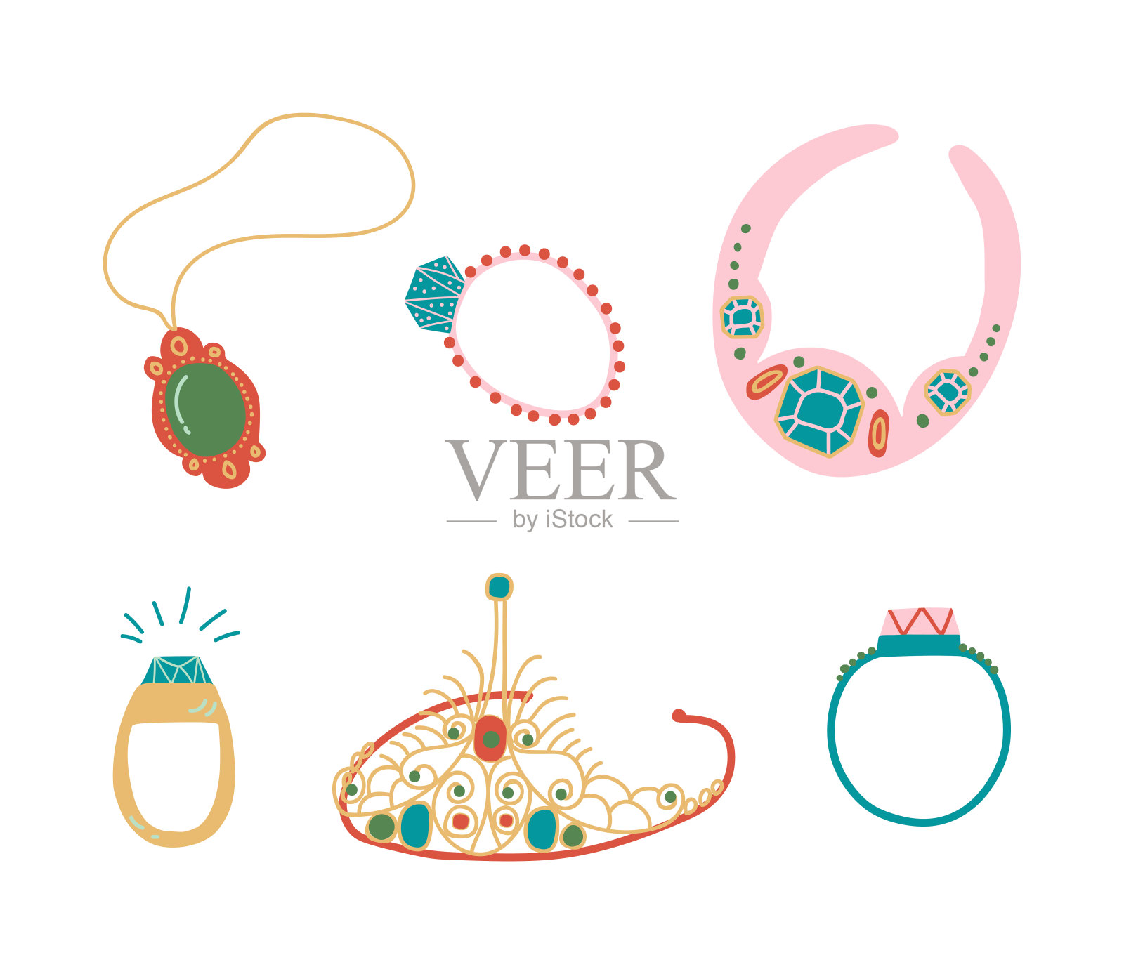 珠宝或珠宝项目作为个人装饰与项链，王冠和戒指矢量集插画图片素材