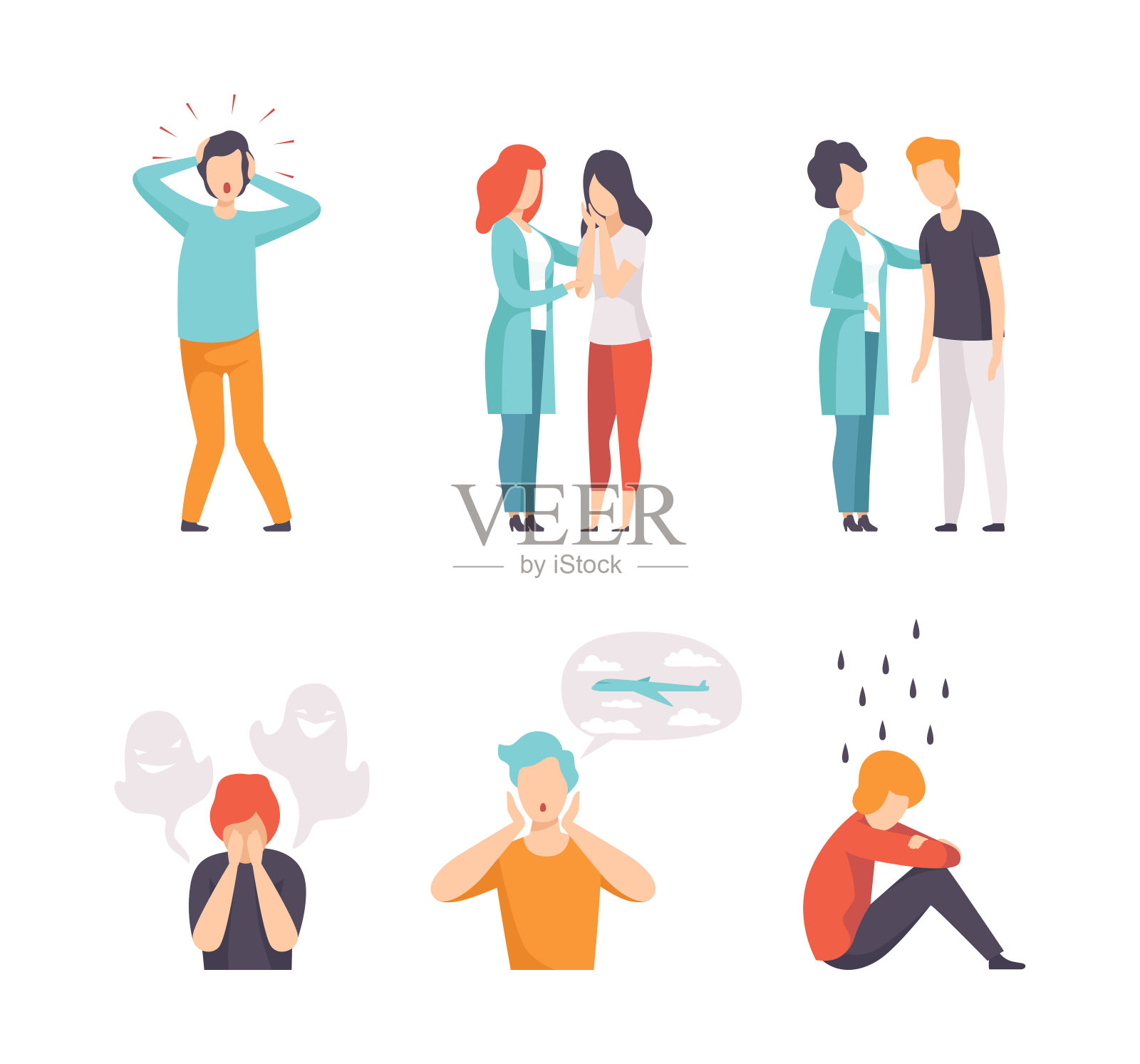 从事心理治疗和治疗向量集的精神障碍和精神疾病的男人和女人插画图片素材