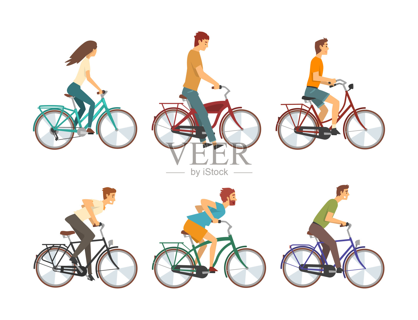 年轻的男人和女人骑自行车享受假期或周末活动向量集插画图片素材