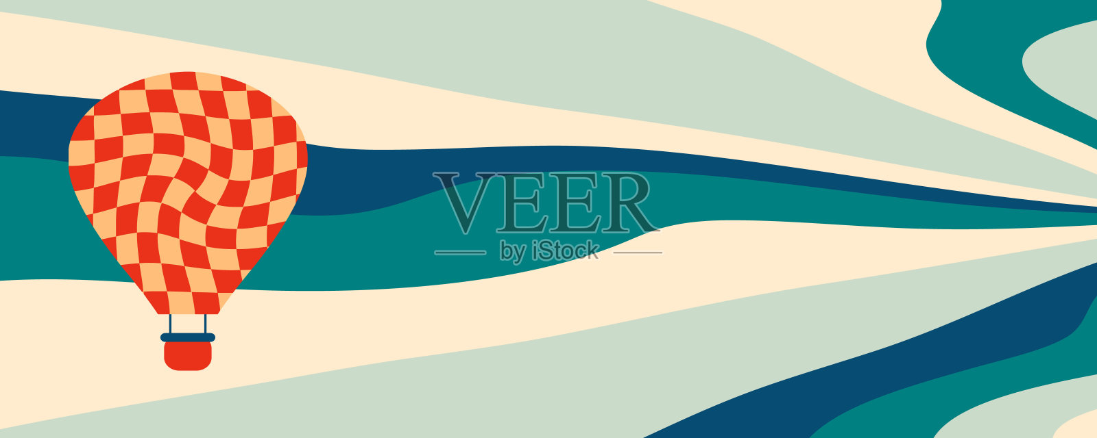 抽象印花复古风格与热气球在波浪的天空背景。适合杯子，马克杯，明信片，贴纸，横幅。矢量插图。插画图片素材