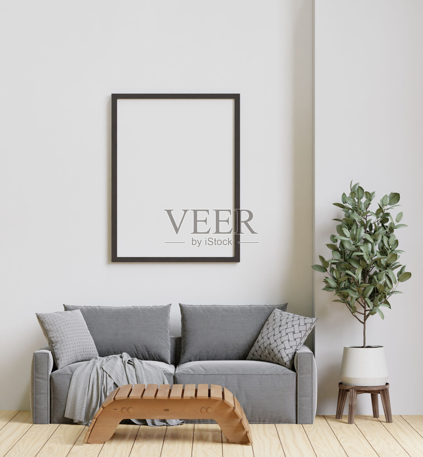 时尚的现代客厅的3D插图，具有大型白色室内设计和框架照片摄影图片