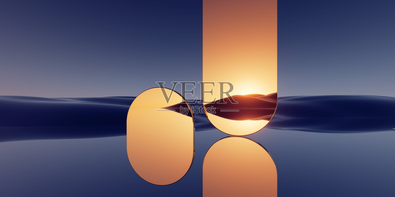 3d渲染，超现实的全景背景。抽象的极简壁纸梦幻般的景观与金色的镜子拱门，山和水的反射照片摄影图片