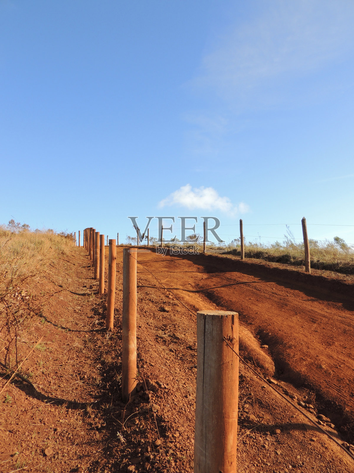 有篱笆的土路，有蓝天的晴天，巴西塞拉多的乡村冒险景观照片摄影图片