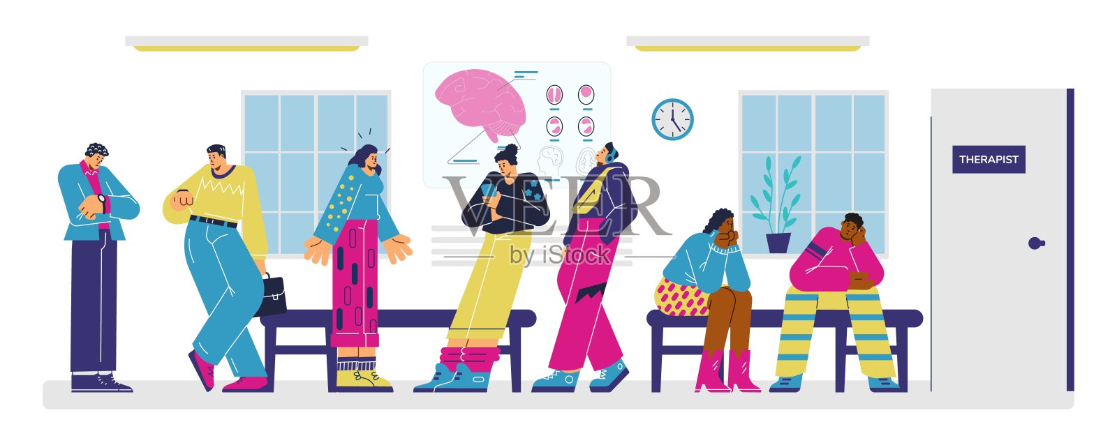 不同的人排队等候在治疗师办公室，平面矢量插图孤立的白色背景。插画图片素材