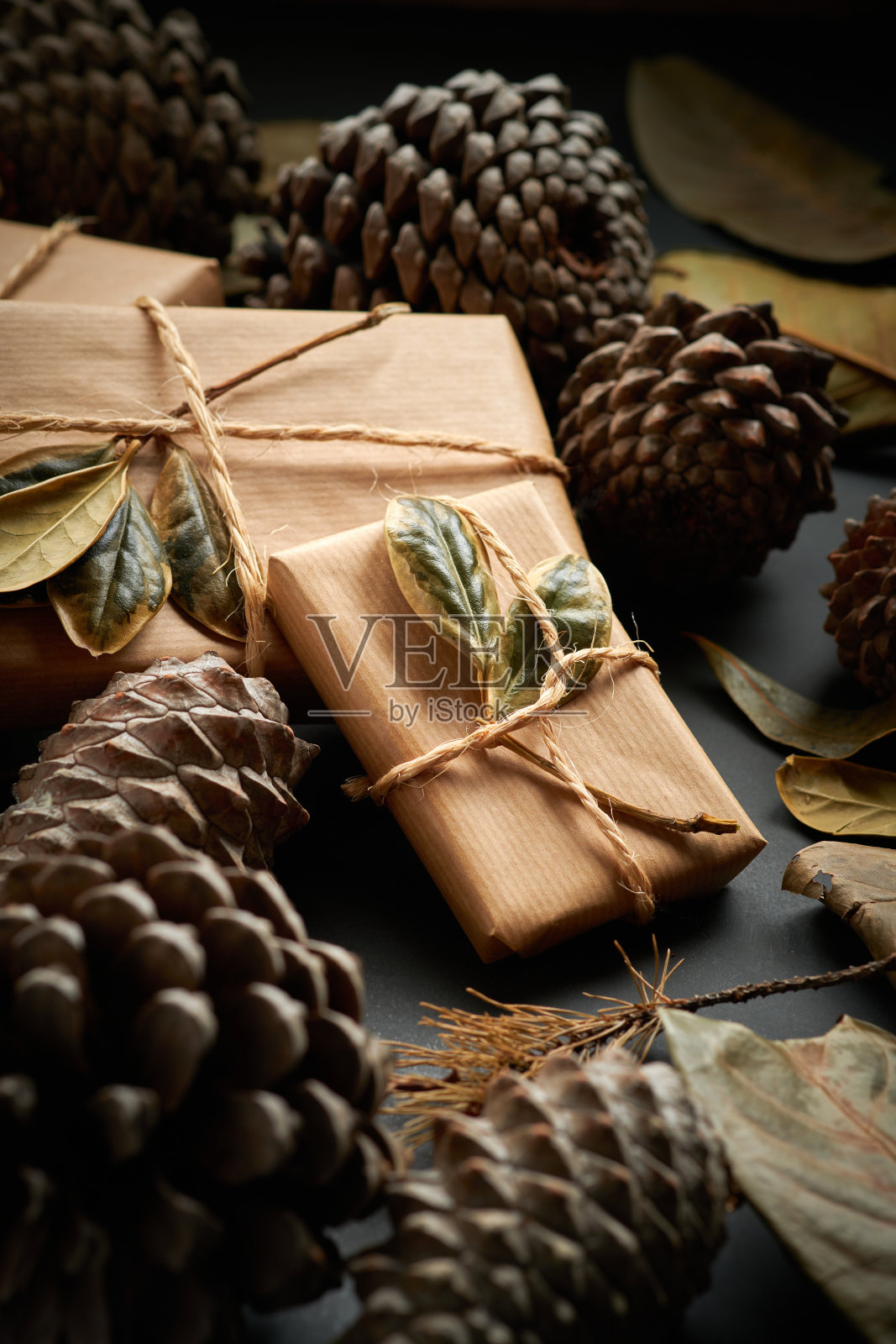 圣诞大礼包和松果照片摄影图片