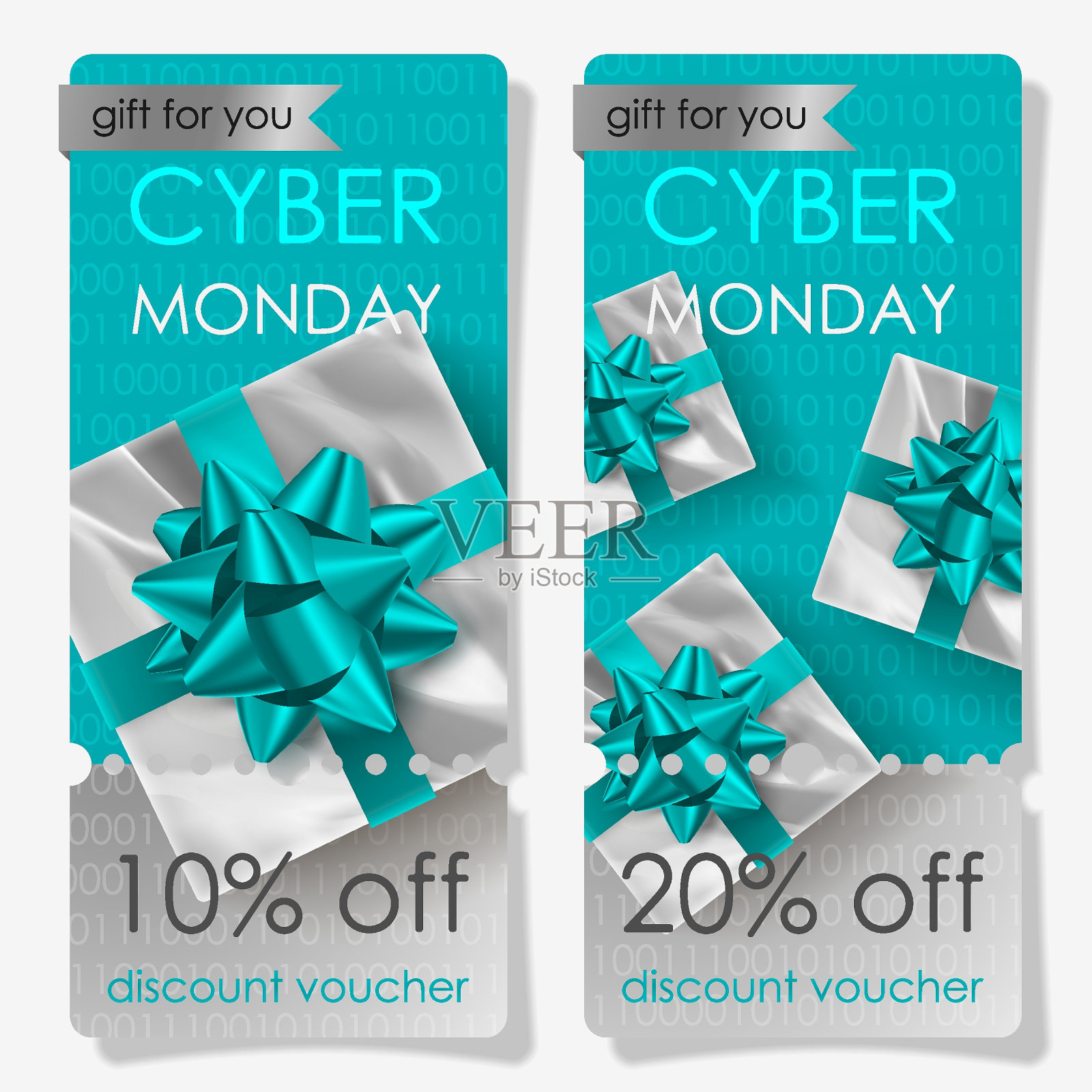 折扣券为网上星期一销售与锡箔礼品，蝴蝶结和文字在蓝色，银背景。矢量假日插图明信片，横幅，卡片，装饰，设计，艺术，广告。插画图片素材