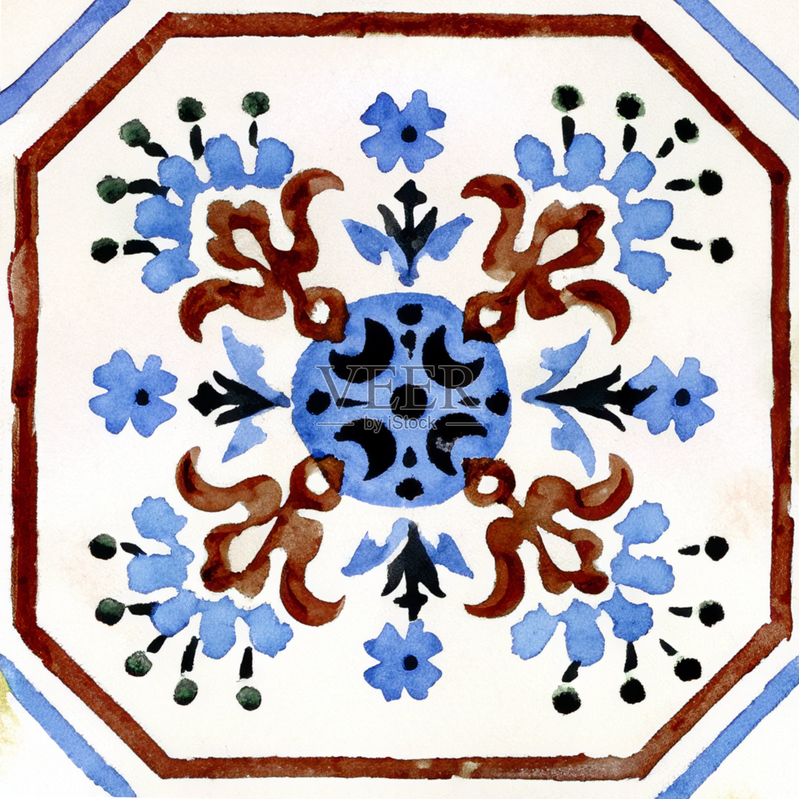 葡萄牙瓷砖图案水彩画插画图片素材