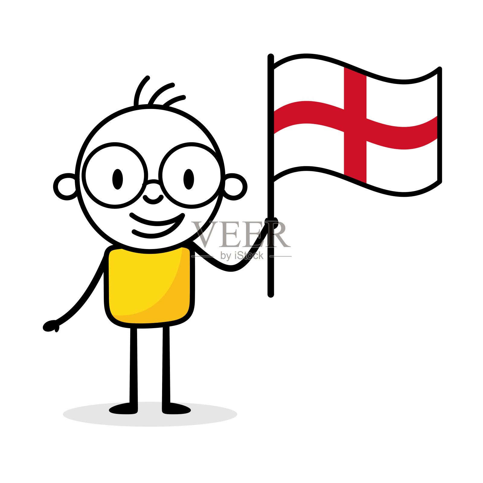 一名男子手持孤立的白底英格兰国旗。手绘涂鸦线艺术人。国家的概念。向量股票插图插画图片素材