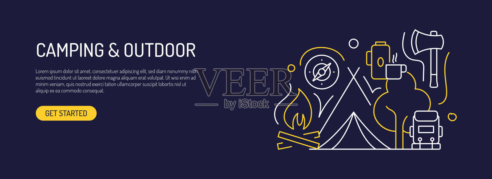 露营和户外活动相关的网页横幅线条风格。现代线性设计矢量插图的网站横幅，网站标题等。插画图片素材