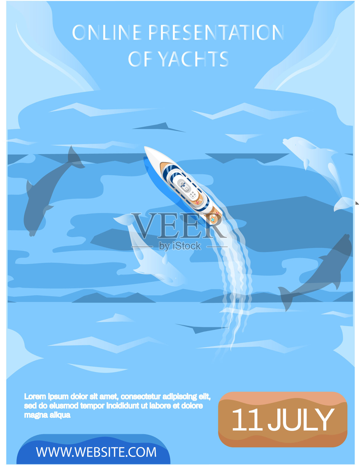 白色的帆船在蓝色的大海和海豚插画图片素材