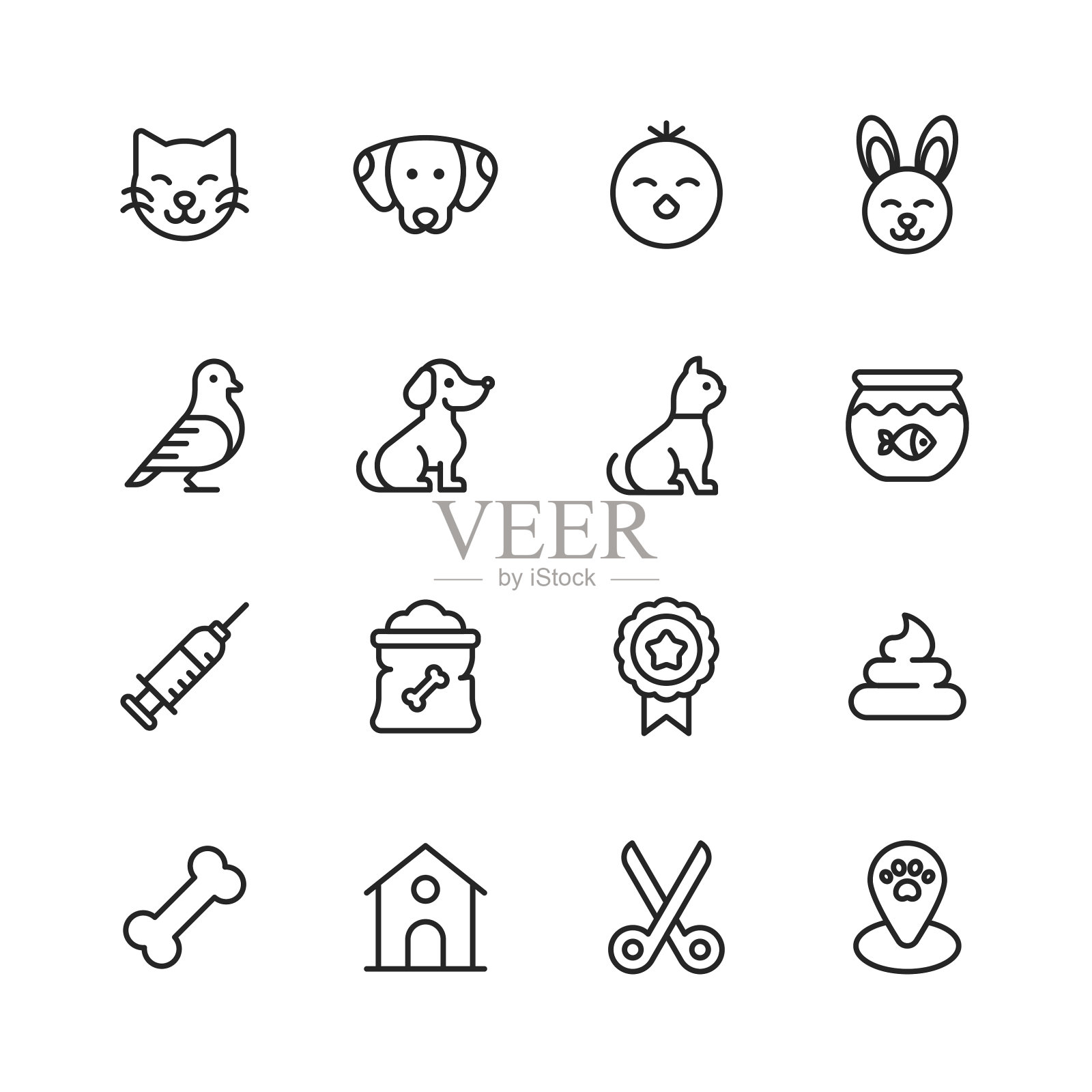 宠物图标。可编辑的中风。像素完美。移动和网络。包含如Kitty，猫，狗，小狗，小鸡，兔子，鱼缸，注射器，宠物食品，狗骨头，犬舍，美容，兽医商店等图标。图标素材