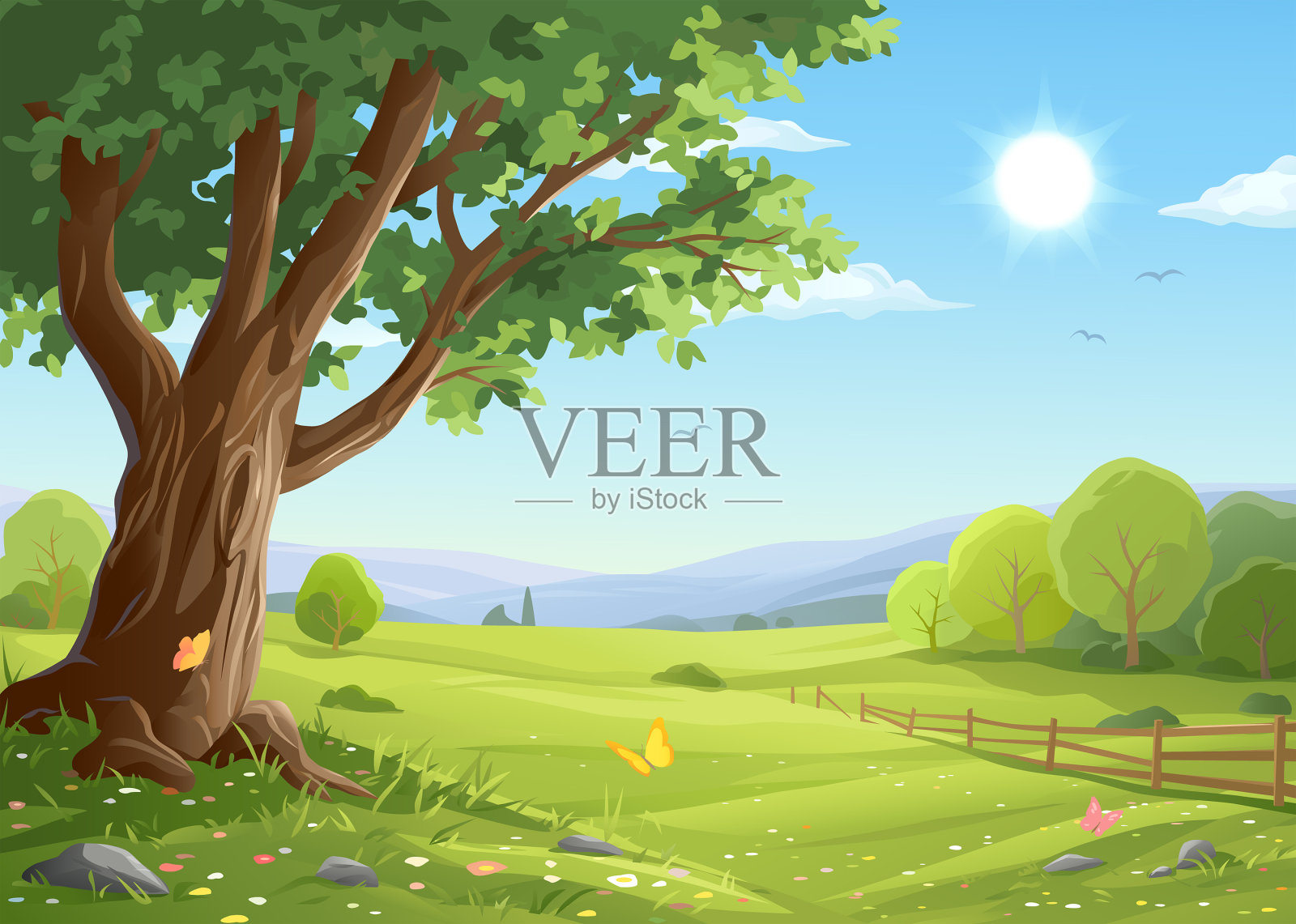 田园诗般的风景中的老树插画图片素材