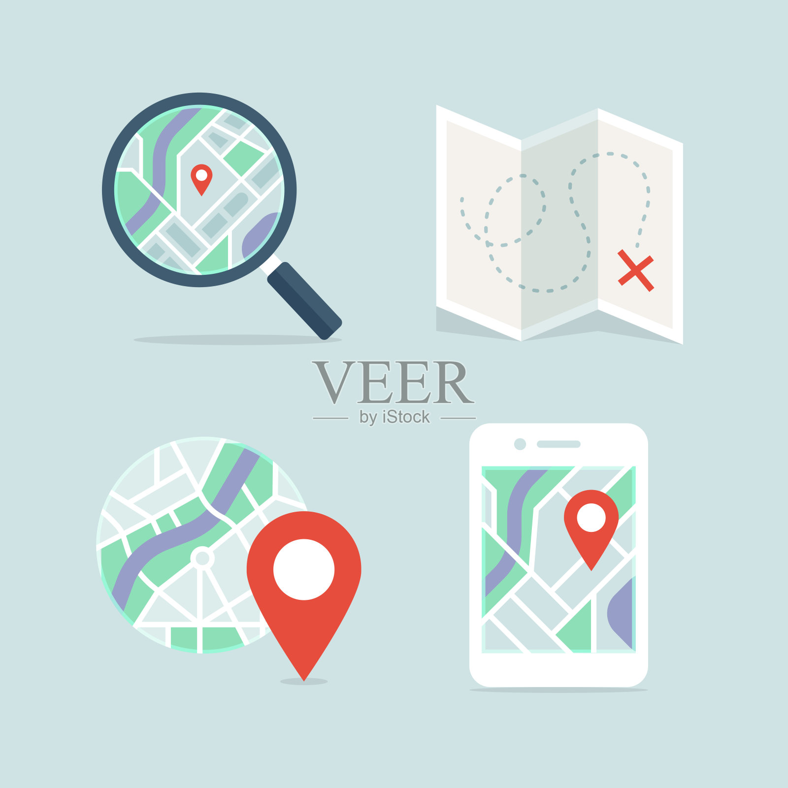 地图和导航详细全彩矢量图标集插画图片素材