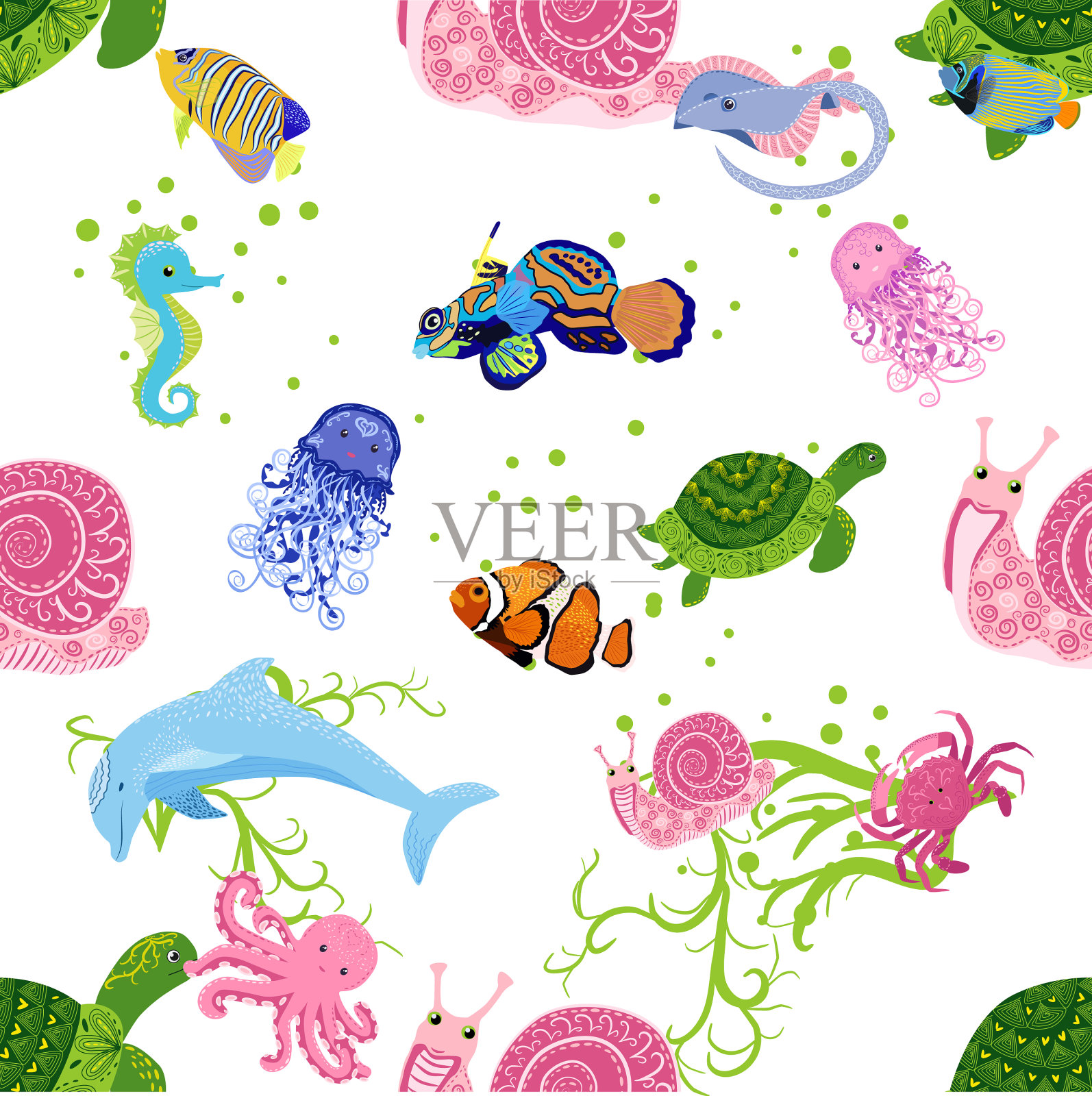 海洋生命鱼动物明亮无缝图案插画图片素材