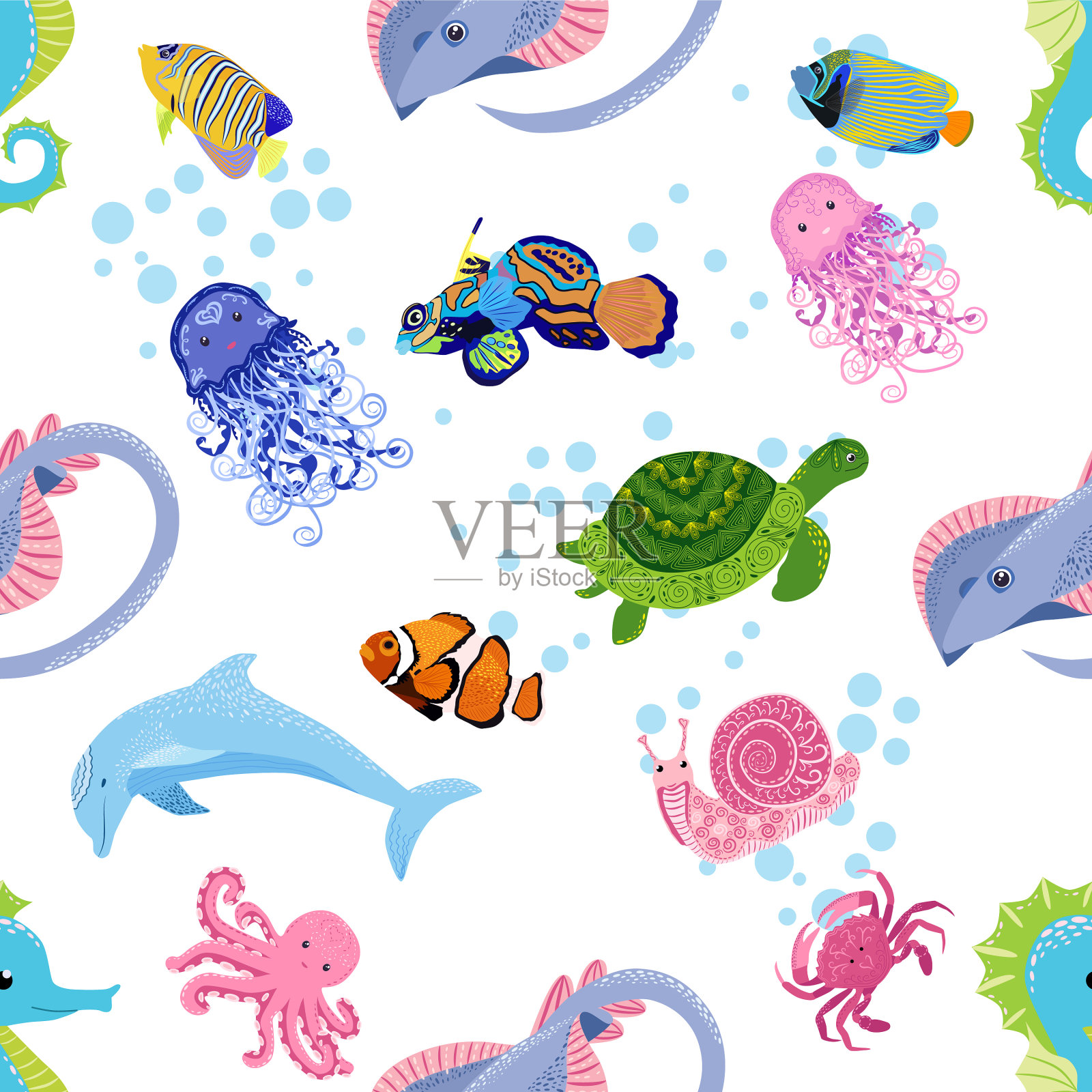 海洋生命鱼动物明亮无缝图案插画图片素材