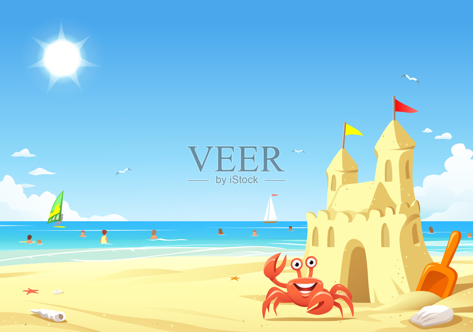 欢乐的螃蟹在沙堡前插画图片素材