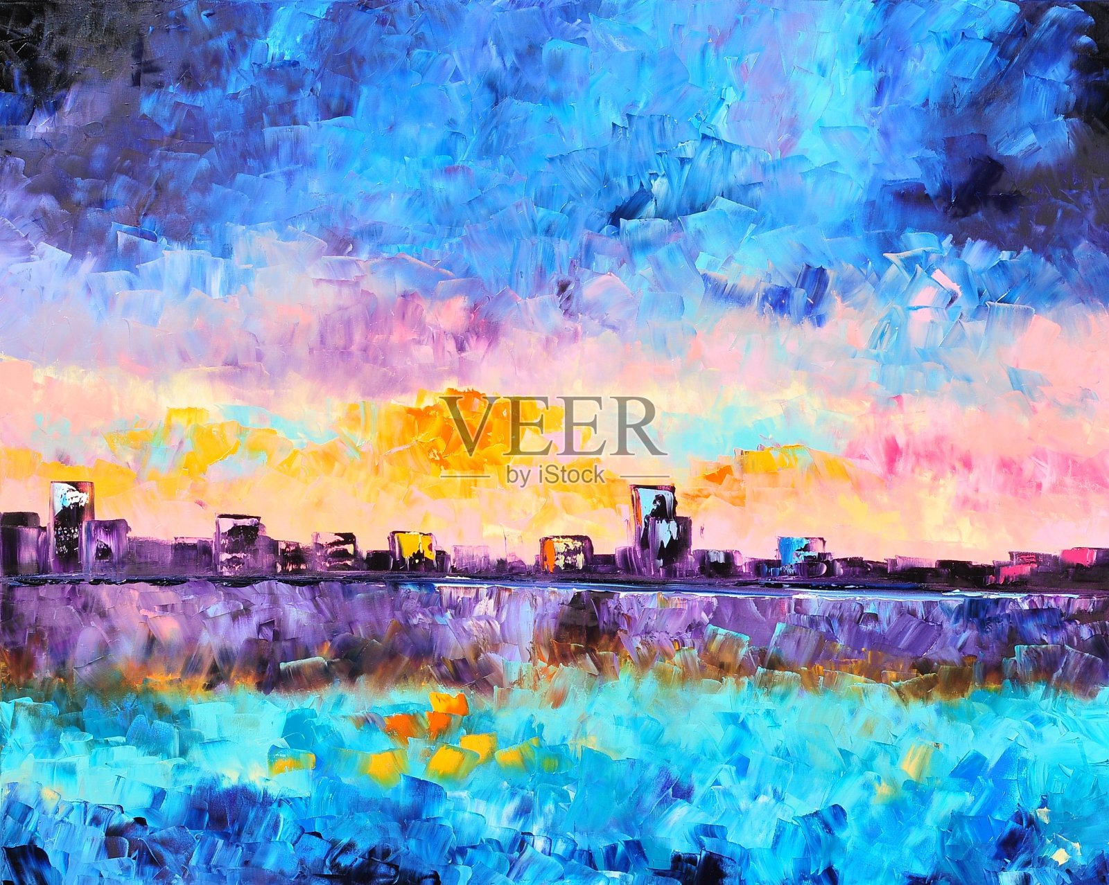 抽象山水与丰富多彩的城市当代艺术绘画插画图片素材