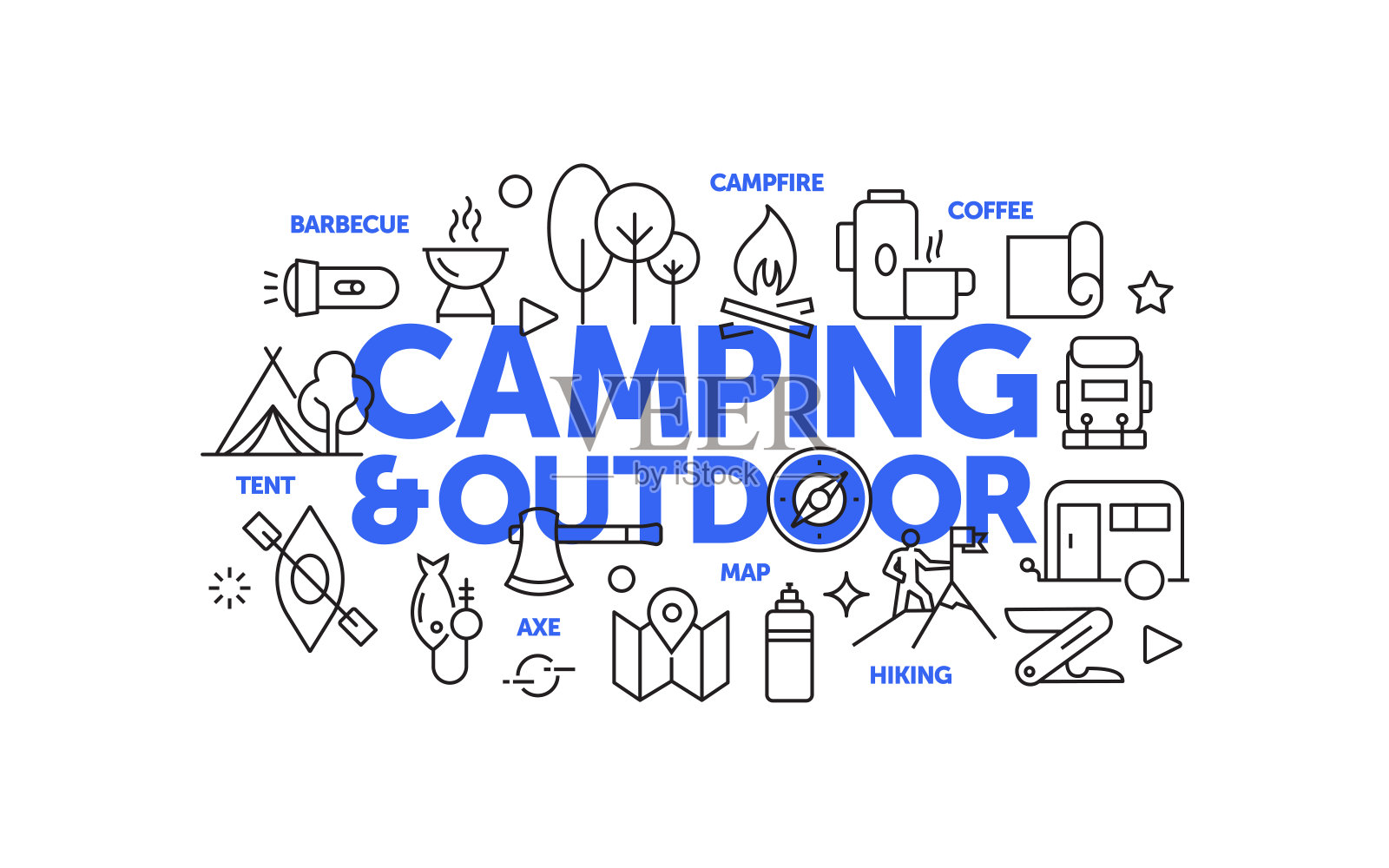 露营和户外活动相关的网页横幅线条风格。现代设计矢量插图的网页横幅，网站标题等。插画图片素材