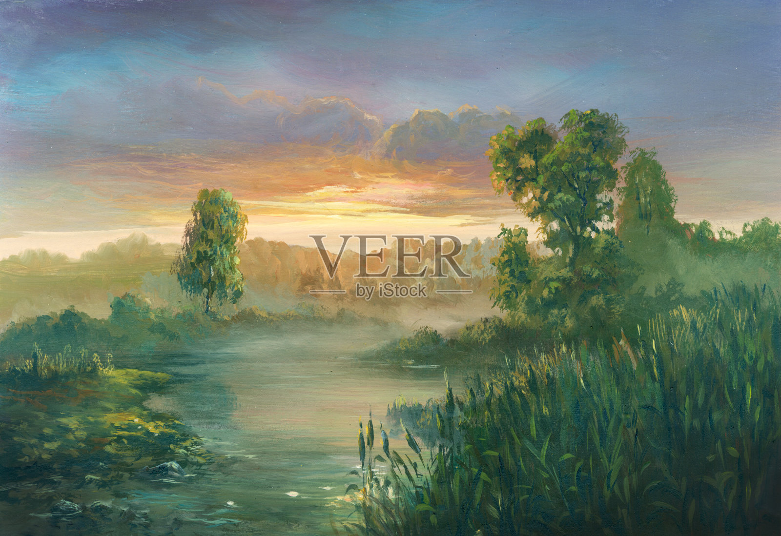 夏日河边夕阳，油画插画图片素材