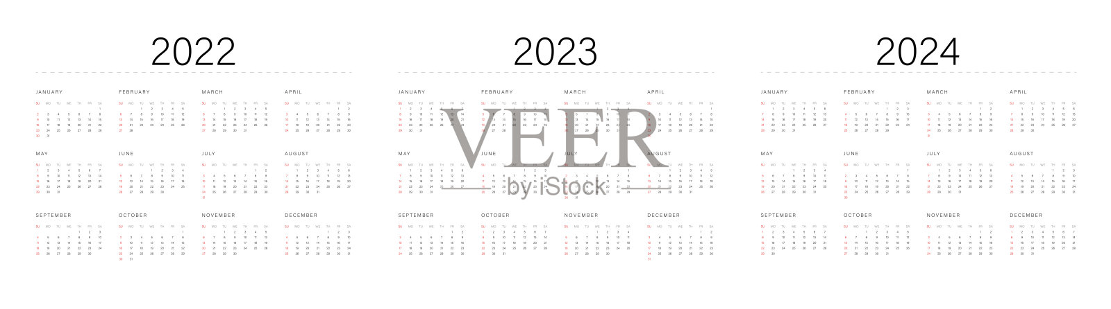 年份日历模板:2022年、2023年和2024年。一周从周日开始，插画图片素材