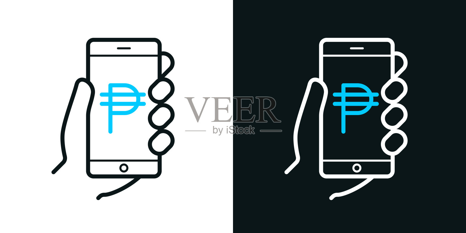 带有比索签名的智能手机。黑色或白色背景上的双色线条图标-可编辑笔触插画图片素材