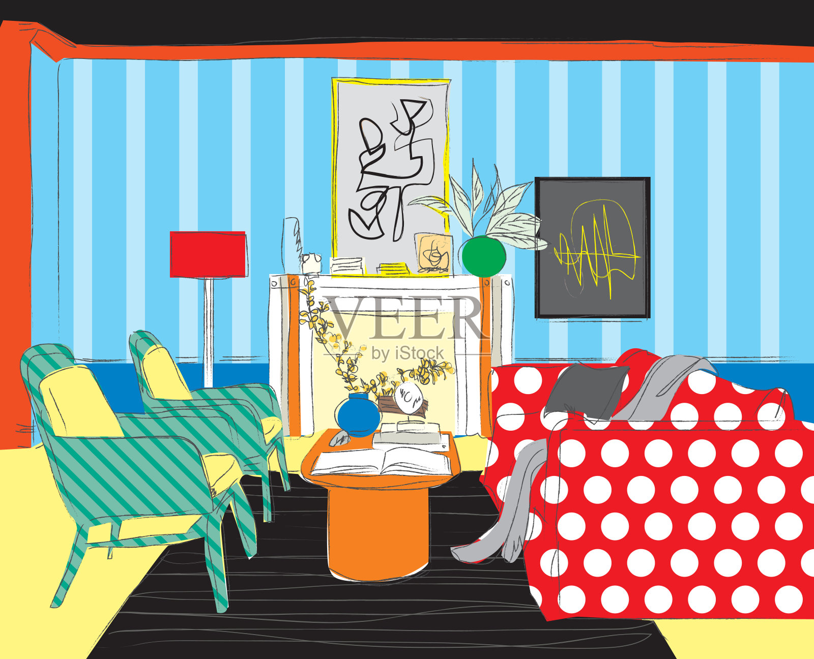 现代客厅家居矢量插图素描风格插画图片素材