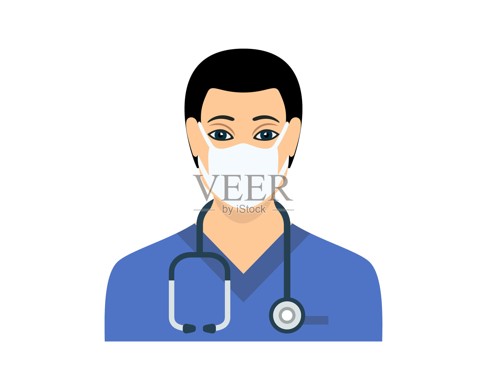 身穿蓝色护士服、戴听诊器的年轻男护士矢量图插画图片素材