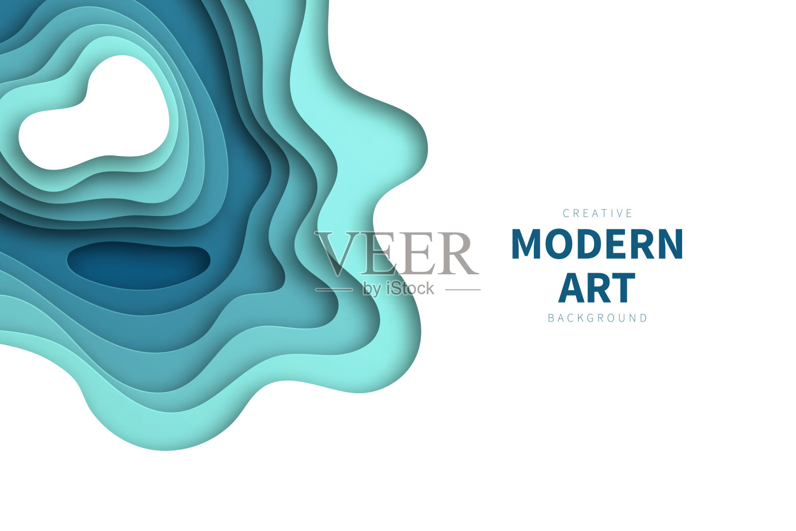 剪纸背景-蓝色抽象波浪形状-时尚的3D设计插画图片素材