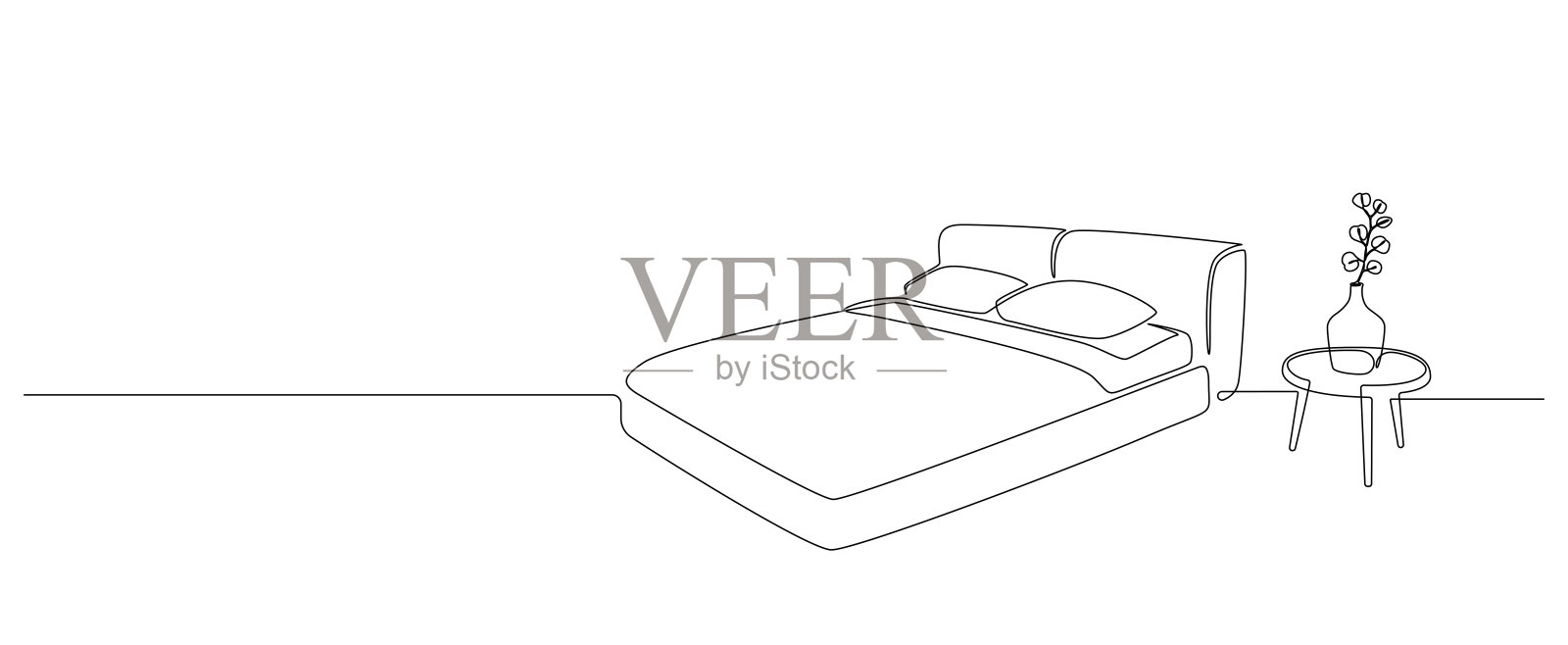 连续单线画双人床和桌子与花瓶和植物。斯堪的那维亚风格的睡觉卧室家具，简单的线性风格。可编辑的中风。画矢量图插画图片素材