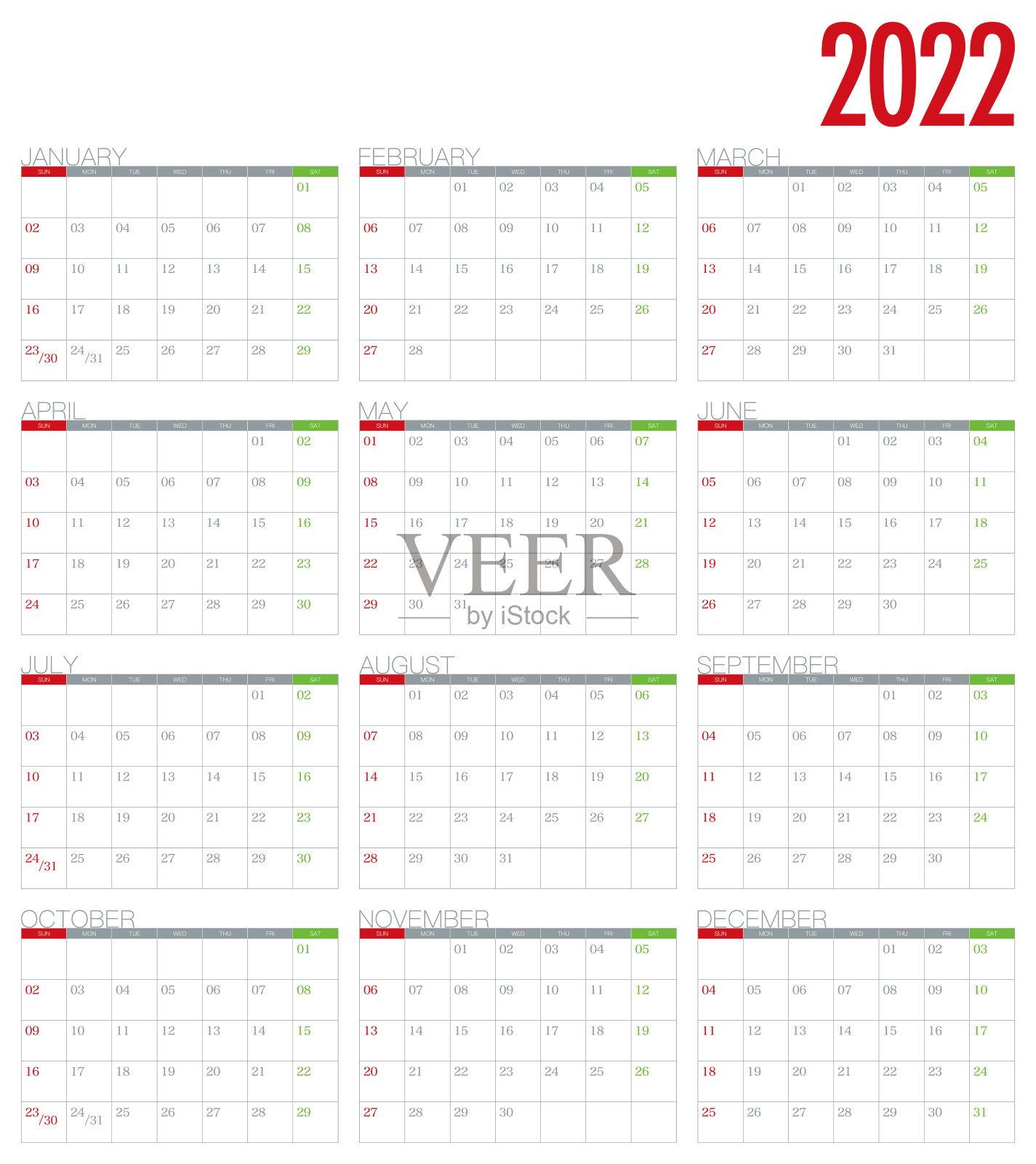 公历2022 - 12个月(星期日至星期六)插画图片素材