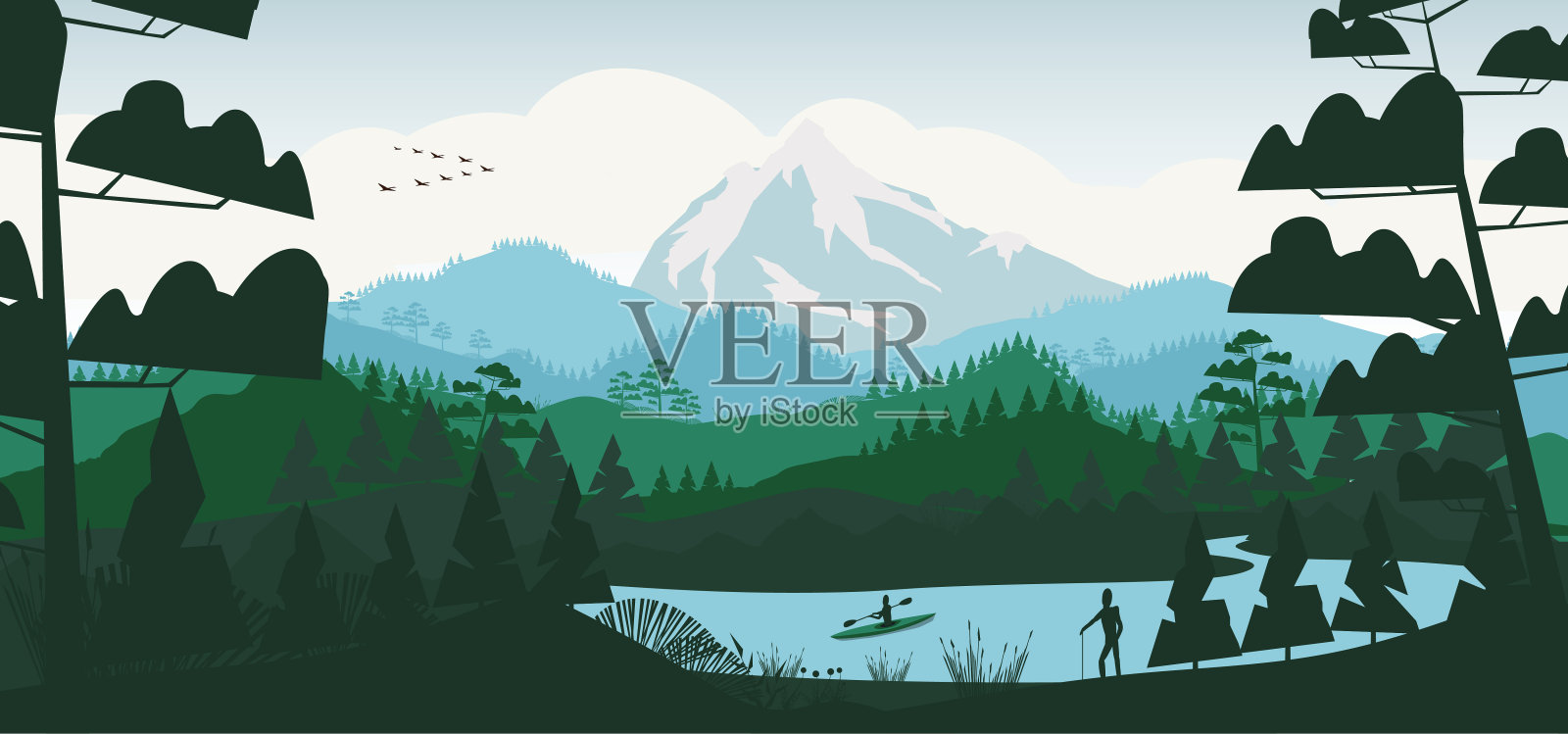 平坦的小湖，有松林和山脉插画图片素材