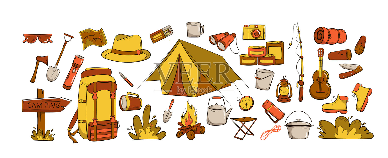 露营和旅行用的一套物品插画图片素材
