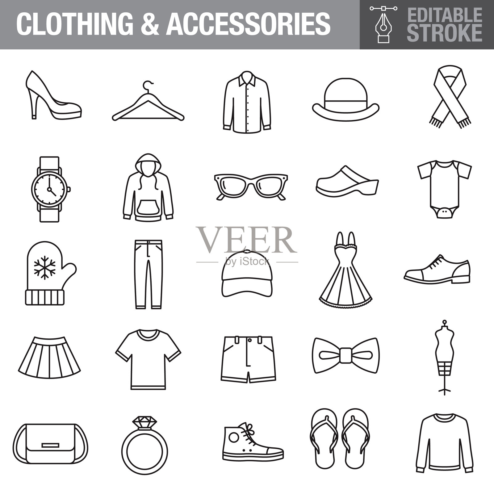 服装和配件可编辑的描边图标设置插画图片素材