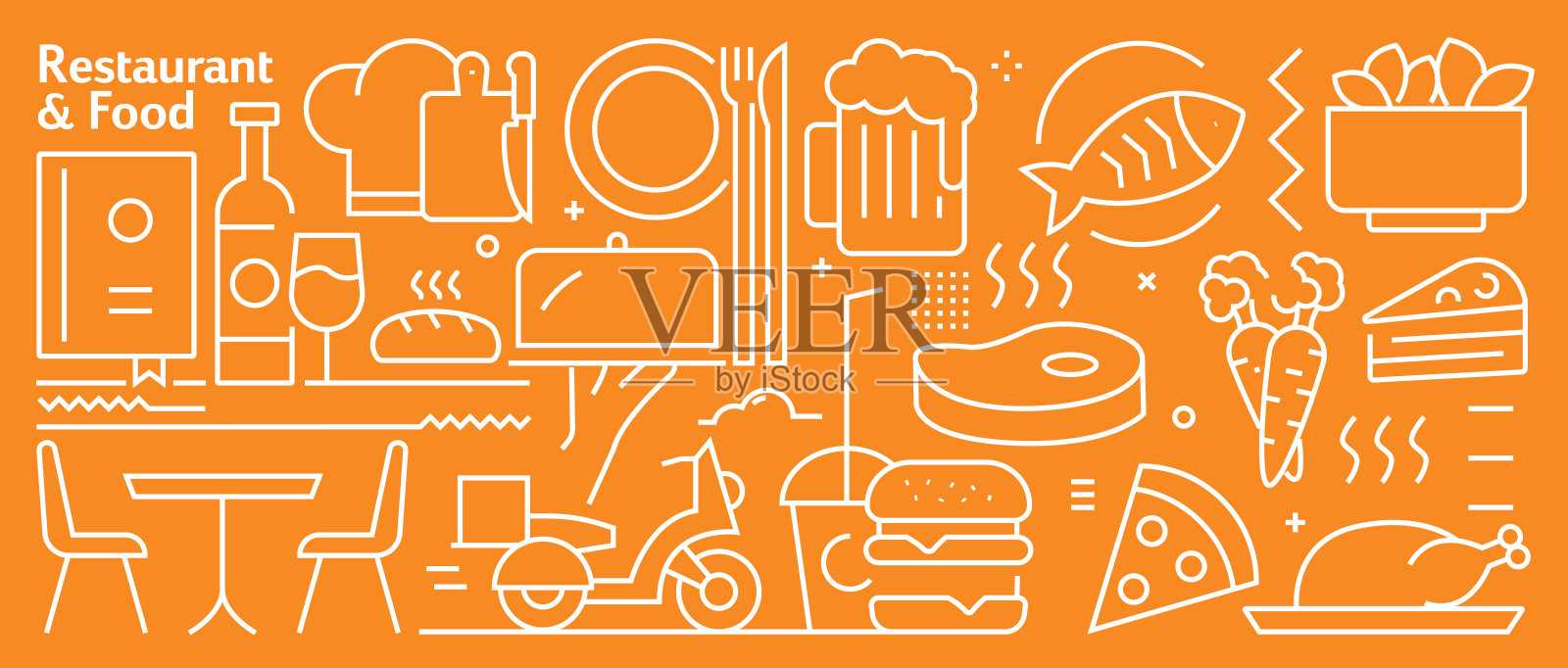 矢量餐厅和食物旗帜设计在时尚的线性风格。线条艺术风格抽象图案网页，横幅，展示插画图片素材