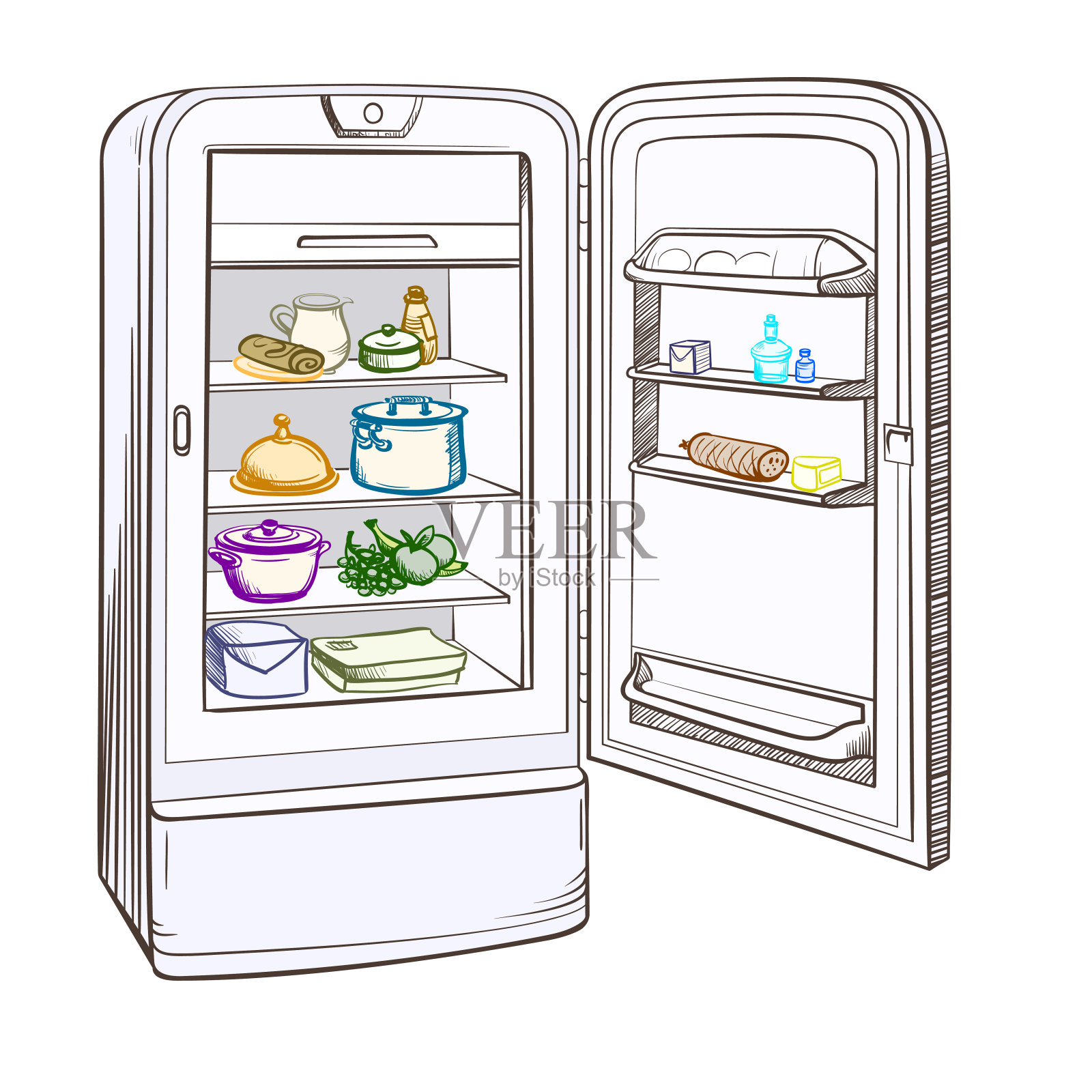 带有杂货的复古冰箱示意图插画图片素材