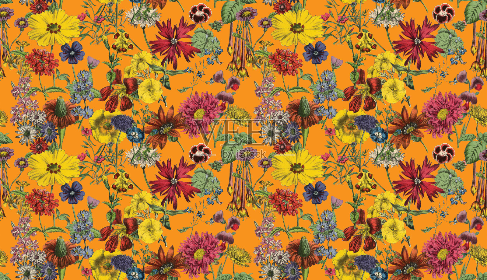 手工着色，维多利亚植物，无缝重复图案。现实的盛开孤立的花复古织物背景。美丽的村舍花园和野花。壁纸巴洛克风格。绘画雕刻。维多利亚时代的插图。插画图片素材