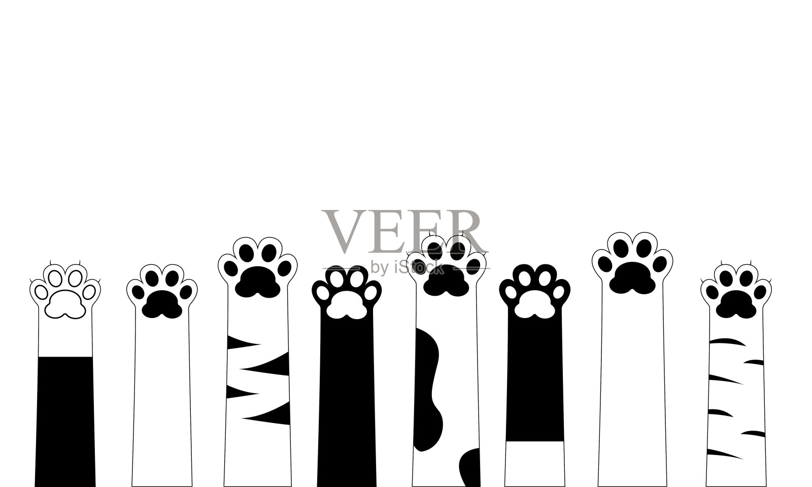 猫的爪子。黑白背景，平面设计。可爱的猫爪墙纸。矢量图插画图片素材