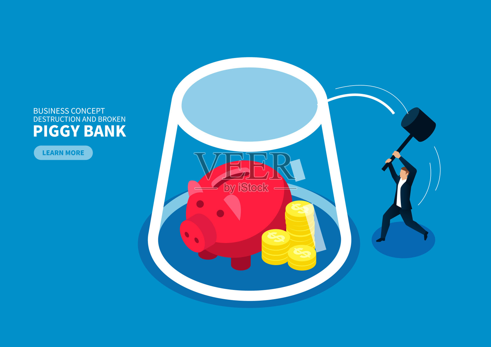 商人用锤子砸玻璃瓶插画图片素材