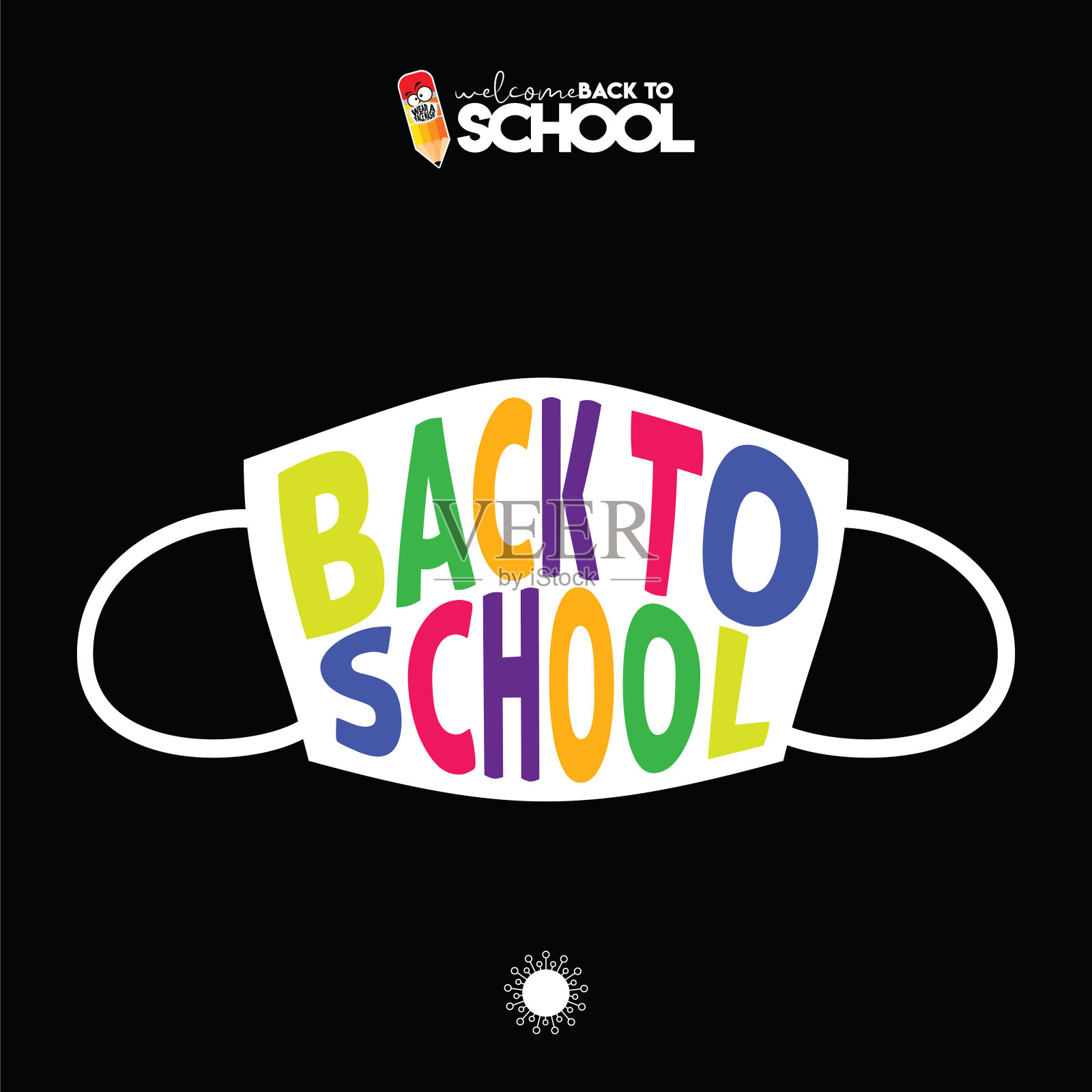 矢量回到学校横幅，海报背景。白色背景上的彩色铅笔和面罩。股票插图。关于冠状病毒或covid-19病媒插图的警告标志插画图片素材